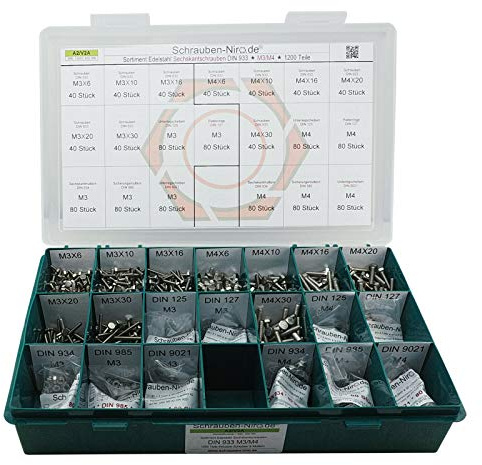 Sortiment M3 + M4 DIN 933 Edelstahl A2 (V2A) Sechskantschrauben mit Gewinde bis Kopf - Set bestehend aus Schrauben, Unterlegscheiben (DIN 125, 127, 9021) und Muttern (DIN 934, 985) - 1200 Teile