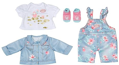 Baby Annabell Active Deluxe Jeans Outfit, blau rosa Latzhose mit Jeansjacke, weiße Bluse und Socken für 43 cm Puppen, 706268 Zapf Creation