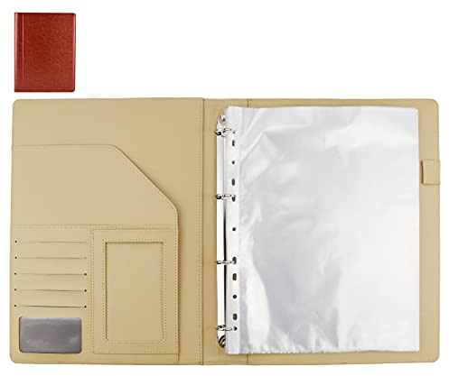 Enyuwlcm PU Leather Padfolio Ring Binder with Clipboard Resume Leather Portfolio with 20 Clear Plastic Sleeves Brown