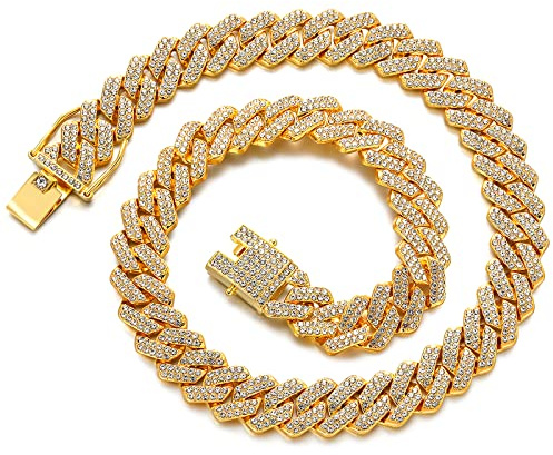 JUNVirtuous Cuban Link Chain Mens Iced Out Miami Cuban Necklace Silver/Gold Bling Diamond Hip Hop Jewelry for Women