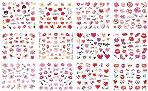 MXXHFC 12 Pack/Lot Wasser-Aufkleber-Nagel-Kunst-Nagel-Aufkleber-Abziehbild-Valentinsgruß-Hochzeits-Kuss-Herz-Lippen-Blumen-Rosen-Diamant