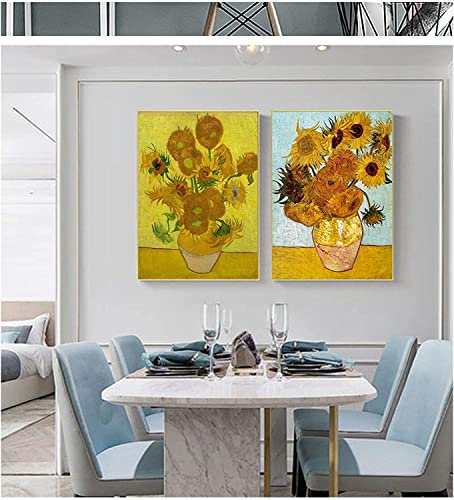 Pei-wall art Leinwand Wandkunst 2 Stück 50x70cm Rahmenlos Vincent Van Gogh Gold Sonnenblume Blumenvase Leinwand Gemälde Moderne Wandkunst Bild Wohnzimmer Dekor