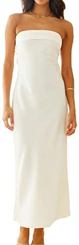 Realtix Rygglösa tubtoppar i satin, silke, maxiklänning för kvinnor, låg öppen rygg, eleganta, axelbandslösa, långa klänningar för bröllopsgäster, Vitt, XS