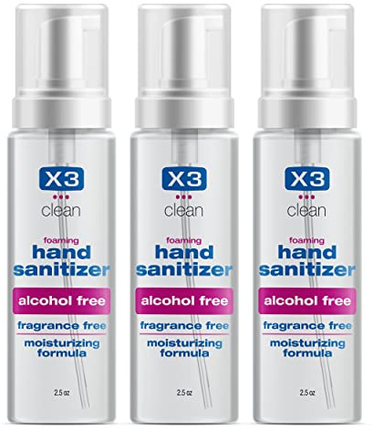 X3 Clean Foaming Hand Sanitizer, Alcohol Free and Fragrance Free, Kills 99.9% Germs, Moisturizing Formula, Travel Size 2.5 oz (3 Pack)