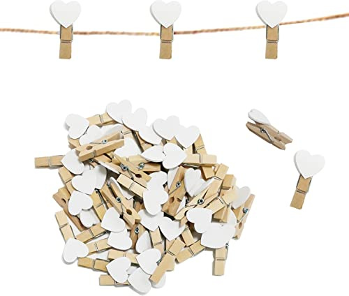 100 Stück Herz Wäscheklammer, 3,5cm Mini Herz Holzklammern, Herzklammern | mit 30m Natur Juteschnur, Dekoklammern Zierklammern für Hochzeit Party Foto Karte DIY und Basteln, Weiß