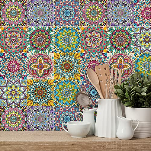 BANLMEYD 24pcs Mandala Tile Stickers Colorful Bathroom Tile Stickers for Kitchen Bathroom Living Room Fireplace Stairs Backsplash Home Waterproof Moroccan Stickers for Tile 6x6 15x15cm