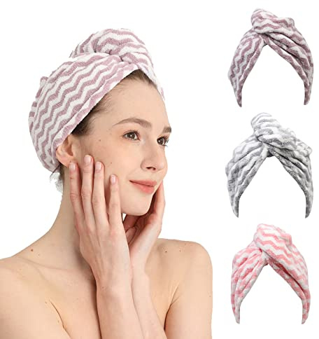 Good Nite Paquete de 3 Toallas de Microfibra para el Cabello, superabsorbentes, de Secado rápido, con Botones, Toallas de Microfibra para Mujeres y niñas, Cabello Largo y Rizado (Rosa, Morado, Gris)