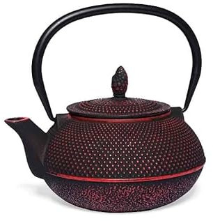 MAOCI Arare - Teiera in ghisa, 0,9 l, colore nero/rosso/interno smaltato/con colino da tè