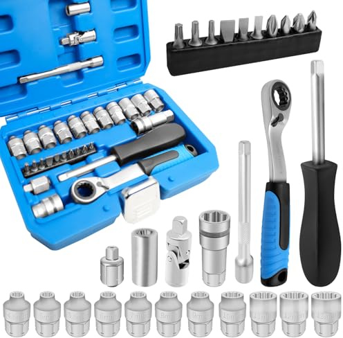 JEUCLEL 29-teiliges Pass-Through-Steckschlüssel-Set, 1/4-Zoll-Antrieb | Metrischer, tiefer Steckschlüsseladapter, Umkehrratsche, Verlängerungsstange, Cr-V-Stahl, niedriges Profil, lange Schrauben