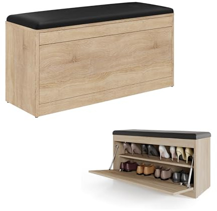PLATAN ROOM Schuhschrank mit Sitzfläche 100 x 53 x 35 cm Schuhbank aufklappbar Sitzkommode Weiß Eiche (Sonoma Eiche)