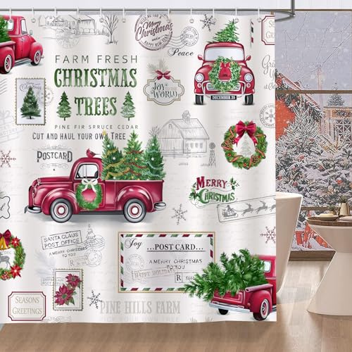 Bonhause Duschvorhang Weihnachten Truck Weihnachtsbaum Xmas LKW Winter Duschvorhänge 180 x 180 cm Anti-Schimmel Wasserdicht Polyester Stoff Waschbar Bad Vorhäng für Badzimmer mit 12 Haken