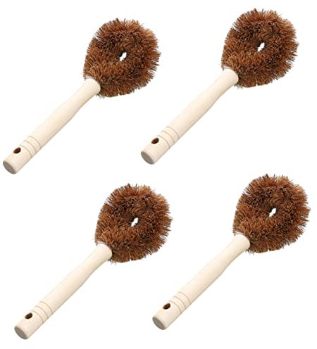 GLEAVI Coconut Coir Kitchen Sink Brush Long Handle Pot and Pan Cleaning Brush Wooden Handle 4pcs Set for Kitchen Cleaning