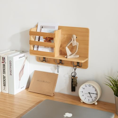 [en.casa] Schlüsselhalter Giske Wandregal mit 3 Doppelhaken Hängeregal mit einem Fach Bambus 33 x 8 x 22 cm Schweberegal Flurregal