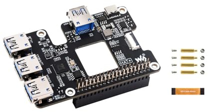 PCIe zu USB 3.2 Gen1 HAT für Raspberry Pi 5, PCIe zu USB HUB, Onboard 4X USB 3.2 Gen1 Expanded Ports, PCI-E×1 Gen2 Modus, Unterstützt USB Power Control, Treiberfrei, Plug und Play