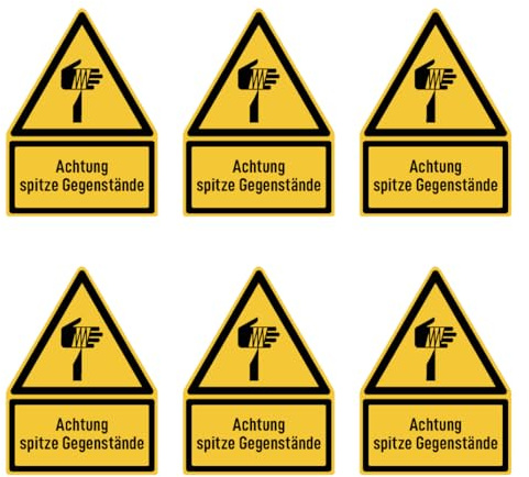 Aufkleber: 75x50 mm, 6 Stück - Achtung spitze Gegenstände - Warnzeichen mit Text (deutsch) (gelb/schwarz) - Dreick - W022 - DIN EN ISO 7010 / ASR A1.3