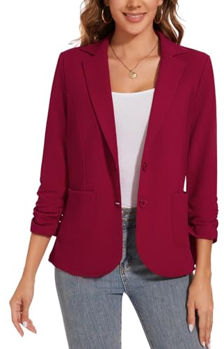 LADI TREND Blazer léger à manches 3/4 froncées ouvert sur le devant pour femme avec poches, R-rouge, L