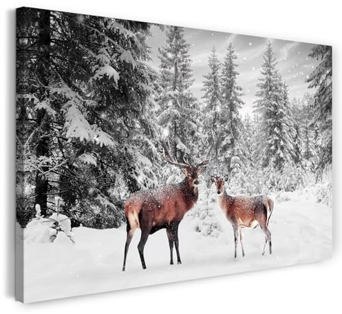 Printistico Leinwandbild (80x60cm) Rehe im Schnee, Tier Fotografie, Hirsch und Rehkuh im Tannenwald, echter Holz-Keilrahmen inkl. Aufhänger, handgefertigt in Deutschland