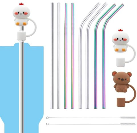 Mailfull Pailles Réutilisables en Acier Inoxydable Lot de 8 Pailles en Métal avec 2 Brosses de Nettoyage 2 Couvercle en Paille Anti-poussière pour Jus et Boisson et Smoothies Milkshake