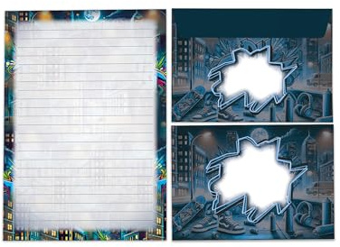 Briefpapier-Set Briefblock mit Umschlag Geschenk für Jungen Mädchen Kinder Graffiti Street Art Stadt (Block A5 mit 25 Blätter + 15 Umschläge)