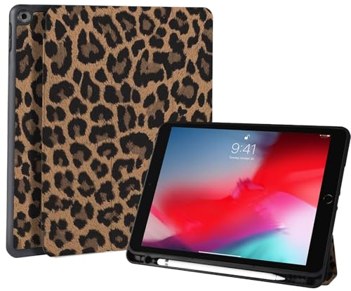 Fycyko Kompatibel mit iPad 9./8./7. Generation 2021/2020/2019, iPad 10,2 Zoll Hülle mit Stifthalter und Trifold Ständer, Niedliches Leopardenmuster Ästhetisches Schutzhülle, Braun