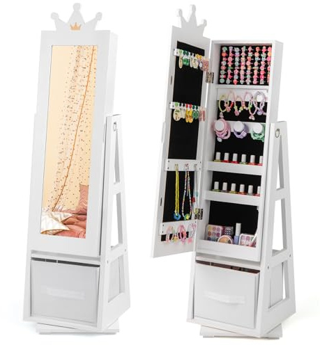 DREAMADE 3-in-1 Schmuckschrank mit Kinderspiegel, Stoffbox & Ablage, drehbarer Holzspiegel für Kinder ab 3 Jahren (Weiß)