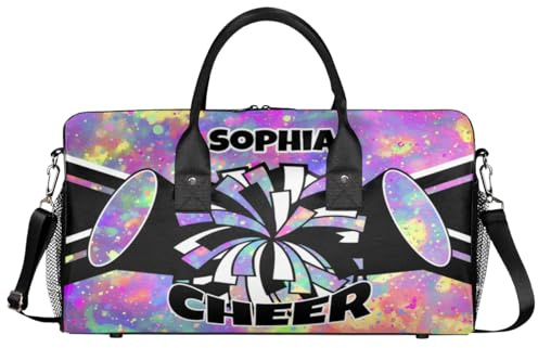 Mintoprints Personalisierte Cheerleader-Tasche für Cheerleader, Sporttasche, Reisetasche, Reisetasche, Wochenendtasche, Rosa, Lila, Gelb, 17.4x8.3x9.5, Cheerleading