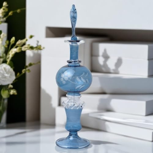 Ornamenta Handcrafted Blown Glass Perfume Bottle | Blue Refillable Fragrance & Essential Oil Bottle | Decorative Decanter with Engraved & Hand-Painted Floral Design | Unique Gift for Women