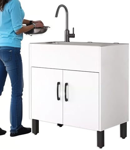 Mobile Cucina con Lavello Lavatoio da Esterno con Supporto Mobilettos Sottolavello Cucina con Rubinetto, for Garage Lavanderia Esterno(White,75x45x80cm)