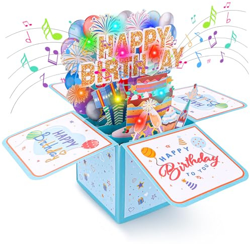 Mexgcom Biglietto di Auguri 3D, Scatola Tridimensionale 3D con Luci Flash Colorate Auguri di Compleanno, Biglietti di Compleanno con Musicale e Luce, Regali Adatti ad Amici, Parenti, Amanti (Blu)