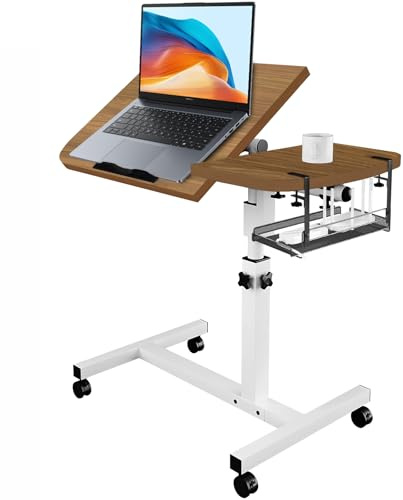 Table de lit réglable pour ordinateur portable avec bureau inclinable, roulettes et panier de rangement amovible, bureau de chevet réglable en hauteur pour bureau à domicile, étude, lecture et