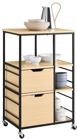 SoBuy Servierwagen mit Rollen Rollwagen mit Schubladen Küchenwagen Beistelltisch Holz mit 3 Ablagen Metalll Küchenregal im Industrial Design für Küche & Haushalt 89x53x37cm Naturholzoptik FKW111-N