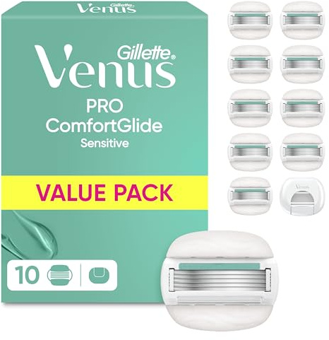 Gillette Venus Pro Comfortglide Sensitive Rasierklingen Damen, 10 Original Ersatzklingen für Damenrasierer, Nassrasierer mit Einem Hauch von Aloe Vera und Klingen-Schutzkappe — Silber
