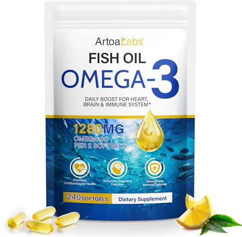 Omega 3 Cápsulas,240 Perlas de Aceite de Pescado(650mg EPA + 450mg DHA) Ácidos Grasos Esenciales| Con Vitamina E | No-GMO, Sin Gluten ni Lactosa,4 Meses