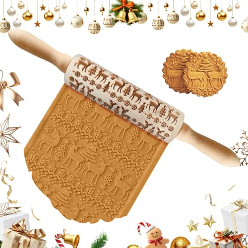 mizikuu Weihnachten Geprägt Teigroller, Muster Prägerolle Holz Weihnachten Präge Nudelholz 3D mit weihnachtlichen Hirsch-Muster Geschenkidee die Küche Für DIY Bäck Keksen Fondant Gebäck