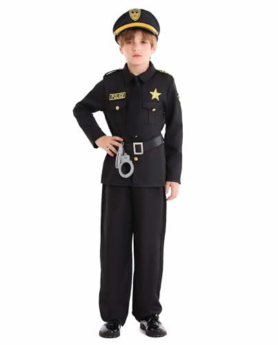 LOLANTA Déguisement Policier Enfant, Costume Police Uniforme Filles Garçons Police Cosplay Ensemble pour Carnaval Fête d'Halloween Costume, Chapeau+Ceinture+Poignets