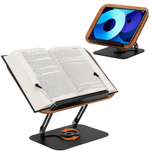 Toemics Buchständer aus Holz 360° drehbar Kochbuchhalter zum Lesen faltbar Buchhalter Leseständer mit Seitenclip Präsentationsständer für Rezept, Zeitschrift, Tablet, Braun