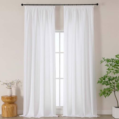 Simplebrand Weiß extra Lange Boho Gardinen in Leinenoptik, 2er Set H 300 x B 140 cm, halbtransparente Gardinen mit Kräuselband für Schiene, für Wohnzimmer & Schlafzimmer