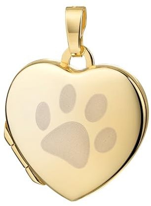 JEVELION Herz Anhänger Medaillon 333 Gold Herz-Amulett für 2 Andenken-Bilder mit Haustier-Pfote zum Öffnen für Damen Gelbgold mit Halskette oder ohne Kette wählbar
