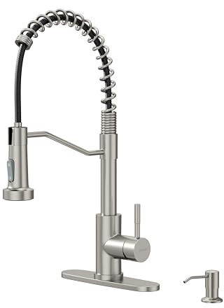 AIMADI Kitchen Faucet with Soap Dispenser and Pull Down Sprayer,Spring High Arc Design Stainless Steel Sink Faucet Single Handle 1 or 3 Hole Farmhouses,RV,Laundry,Outdoor
