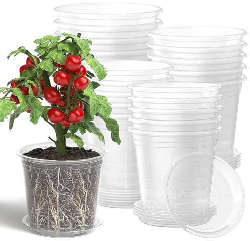 MENGBEI - Pack de 20 macetas transparentes con bandeja, macetas de plástico con agujeros de drenaje, ideal para interior y exterior (10/13/15/18 cm)