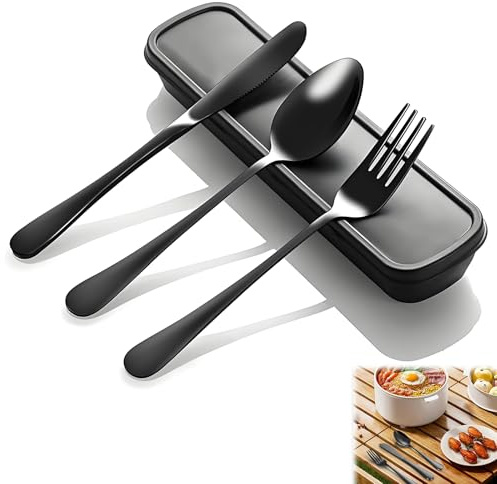 Oiieco Couverts de voyage en acier inoxydable 4 pièces, couverts à emporter avec boîte, couverts de camping pour 1 personne, couteau, fourchette, cuillère, pour l'extérieur, voyage, travail, école