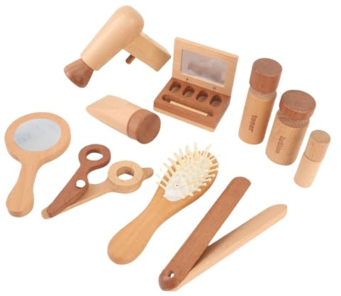 Naroote Set Trucco Giocattolo in Legno, Kit Trucco Giocattolo con Asciugacapelli, Specchio e Altri Accessori, Sviluppo Delle Abilità Manuali, Giocattoli per Salone di Bellezza