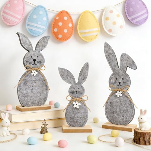 dellyy 3 Fieltro Conejos de Pascua Decoracion, Figuras Decoración Pascua, Decorativo Conejito Pascuas, Madera Conejos Pascuas Decorativo, Conejito Fieltro Deco para Estar, Chimenea, Dormitorio