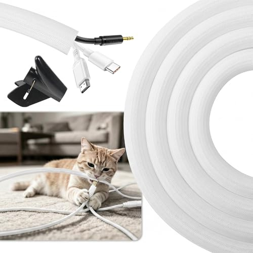 16.4ft-1/2 inch Cable Tidy Sleeve Wire Covers Cord Protector for Pets | Wire Protector from Pets Self-Winding Cable Tidy White Prevent Dogs Cats Chewing for USB Power Audio PC/TV Cords Home Office