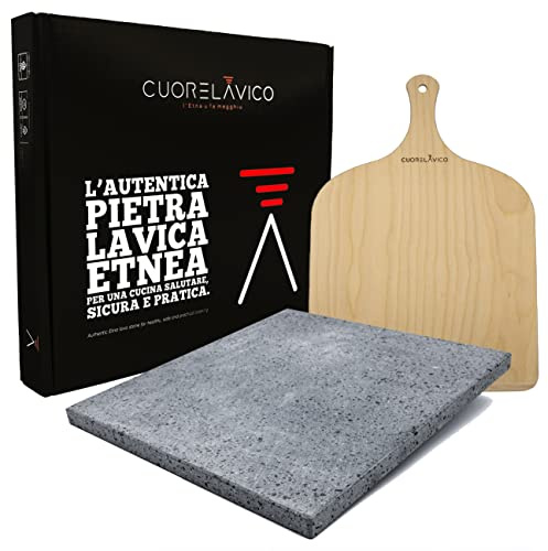 CUORE LAVICO - Juego de piedra refractaria de piedra volcánica Etna para pizza 39 x 35 x 1,5 cm + pala para horno de gas, eléctrico y barbacoa para pan y pinsa - Nuevo producto