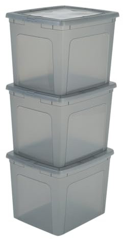 Iris Ohyama Scatole Portaoggetti, 30L, Set di 3, Grigio, Chiusura facile, Impilabile, Plastica Trasparente, Per Armadio, Scaffali, Scuola, Organizzazione, Giocattoli, Cartoleria, Scarpe, MCB-30