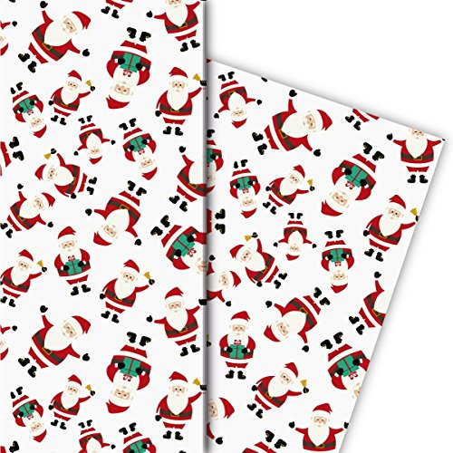 Kartenkaufrausch Süßes Weihnachtspapier, Geschenkpapier Set zu Weihnachten mit lustigen Weihnachtsmännern, weiß, für tolle Geschenk Verpackung, Designpapier, scrapbooking, 4 Bogen, 32 x 48cm