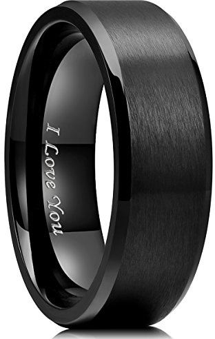 King Will 316L Stainless Steel Wedding Ring for Men Women- 8mm Width Black Wedding Band Laser I Love You Matte Finish Style Comfort Fit Size 8