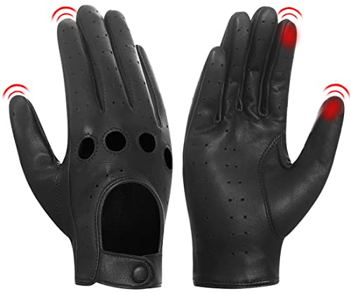 Harssidanzar Leather Driving Gloves,Woman Genuine Lambskin Unlined Vintage Finished Touchscreen GL009,Black, L
