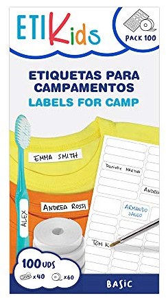 ETIKIDS - 100er Pack Weiße Etiketten, 60 Thermoklebende Stoffetiketten, 40 Anpassbare Klebeetiketten, Wasserfest & Spülmaschinenfest, Ideal für Kindergarten & Schule, Basic Farbe, Klein & Kratzfest